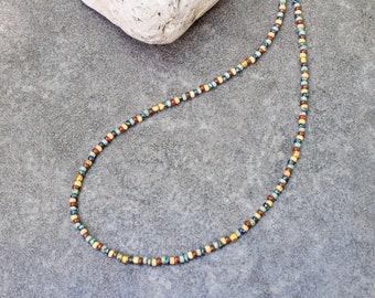 Rustic Seed Bead Necklace, Simple Boho Necklace, Bohemian Everyday Necklace, Multicolor Small Glass Beads, Birthday Gift for Men / Women