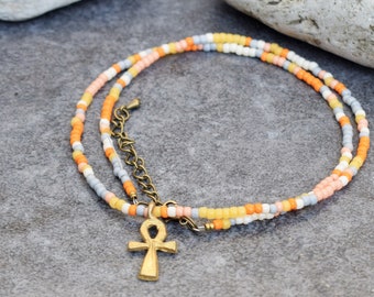 African Charm Necklace with Multi Color Seed Beads, Multi Color Tiny Beads Necklace, Ankh Symbol, Boho Beach Summer Jewelry