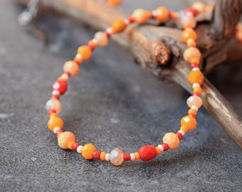 Orange Summer Necklace with Czech Glass & Seed Beads, Tropical Jewelry for Women, Boho Beach Jewelry, Orange Beige