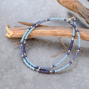 Dainty Blue Necklace with Small Glass Beads, Short Everyday Boho Necklace for Women / Men with Tiny Seed Beads, Birthday Gift Idea