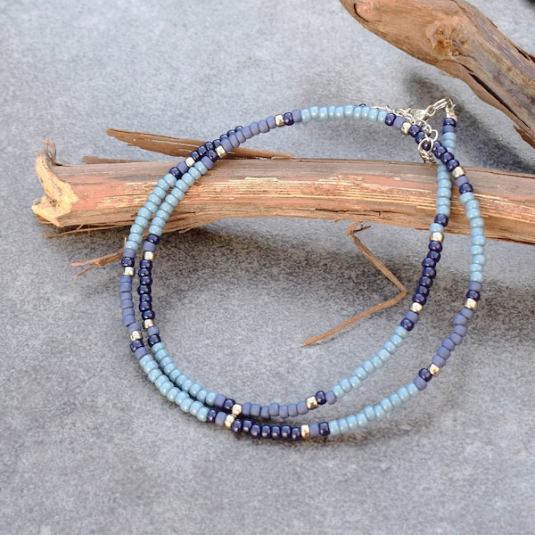 Dainty Blue Necklace with Small Glass Beads, Short Everyday Boho Necklace for Women / Men, Tiny Seed Beads, Birthday Gift Idea