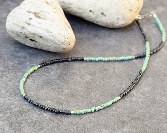 Rustic Beaded Necklace Southwestern Style, Turquoise Black, Everyday Tiny Bead Necklace, Boho Bohemian Surfer Jewelry, Birthday Gift