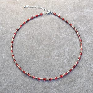 Short Necklace with Red Czech Glass, Tiny Seed Beads and Silver Accents, Adjustable Simple Elegant Boho Chic Necklace with a Sparkle