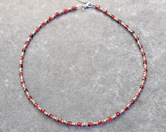Short Necklace with Red Czech Glass, Tiny Seed Beads and Silver Accents, Adjustable Simple Elegant Boho Chic Necklace with a Sparkle