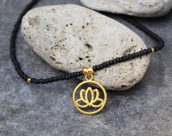 Lotus Charm Necklace with Black Seed Beads, Dainty Boho Beaded Necklace with Gold Metal Flower Charm, Buddhist Spiritual Yoga Jewelry Gift