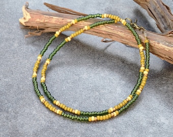 Boho Seed Bead Necklace, Olive & Green, Casual Necklace with Tiny Small Glass Beads, Birthday Gift Idea for Women or Men