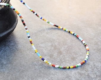 Colorful Tiny Bead Necklace, Summer Hippie Boho Jewelry, Seed Beads Necklace, Beaded Necklace for Men and Women, White & Multi Color,