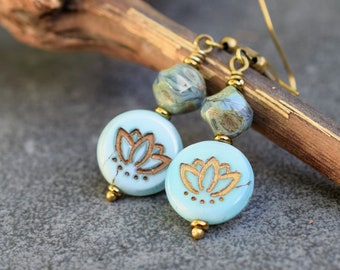 Lotus Flower Earrings with Czech Glass Beads, Boho Jewelry, Bohemian Light Blue Round Dangle Earrings, Buddhist Yoga Gift