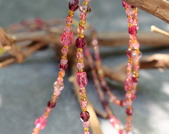 Long Fuchsia Pink Glass Necklace with Czech Glass Beads, Bohemian Summer Jewelry Gift, 2-Strand Wrap Necklace with Optional Bracelet