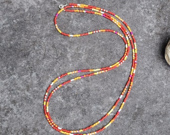 Long Summer Necklace with Tiny Seed Beads, Red Orange Yellow, 2 or 3 Strand Necklace, Tropical Boho Beach Jewelry, 57 Inches"