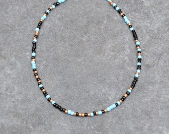 Light Blue Black Seed Bead Necklace with Bronze Details, Boho Jewelry, Southwestern Ethnic Style, Multi Color Small Mixed Bead Necklace