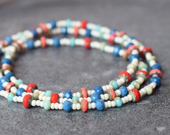 Long Summer Necklace with Czech Glass and Seed Beads, Boho Necklace, White Blue Red Nautical Colors, Birthday Gift for Women