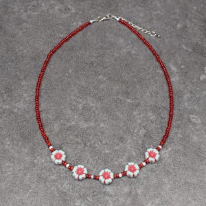 Summer Flower Necklace with Light Blue Floral Czech Glass and Dark Red Seed Beads, Boho Hippie Summer Jewelry