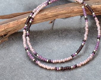 Purple Lavender Tiny Beads Necklace, Short Everyday Necklace, Dainty Necklace, Small Glass Seed Beads, Boho Chic Gift Idea