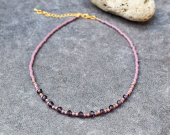 Dainty Purple Necklace with Czech Glass, Seed Bead Necklace, Facet Beads, Skinny Lavender Necklace, Birthday Gift for Women