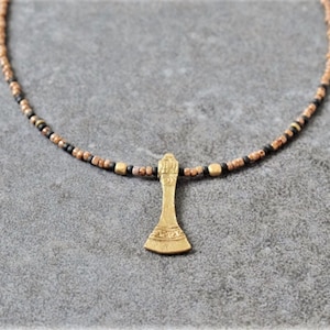 Tribal Pendant Necklace with Aged Natural Light Brown Seed Beads & Gold Brass Pendant, Rustic Dainty, Bohemian Boho Necklace for Men / Women