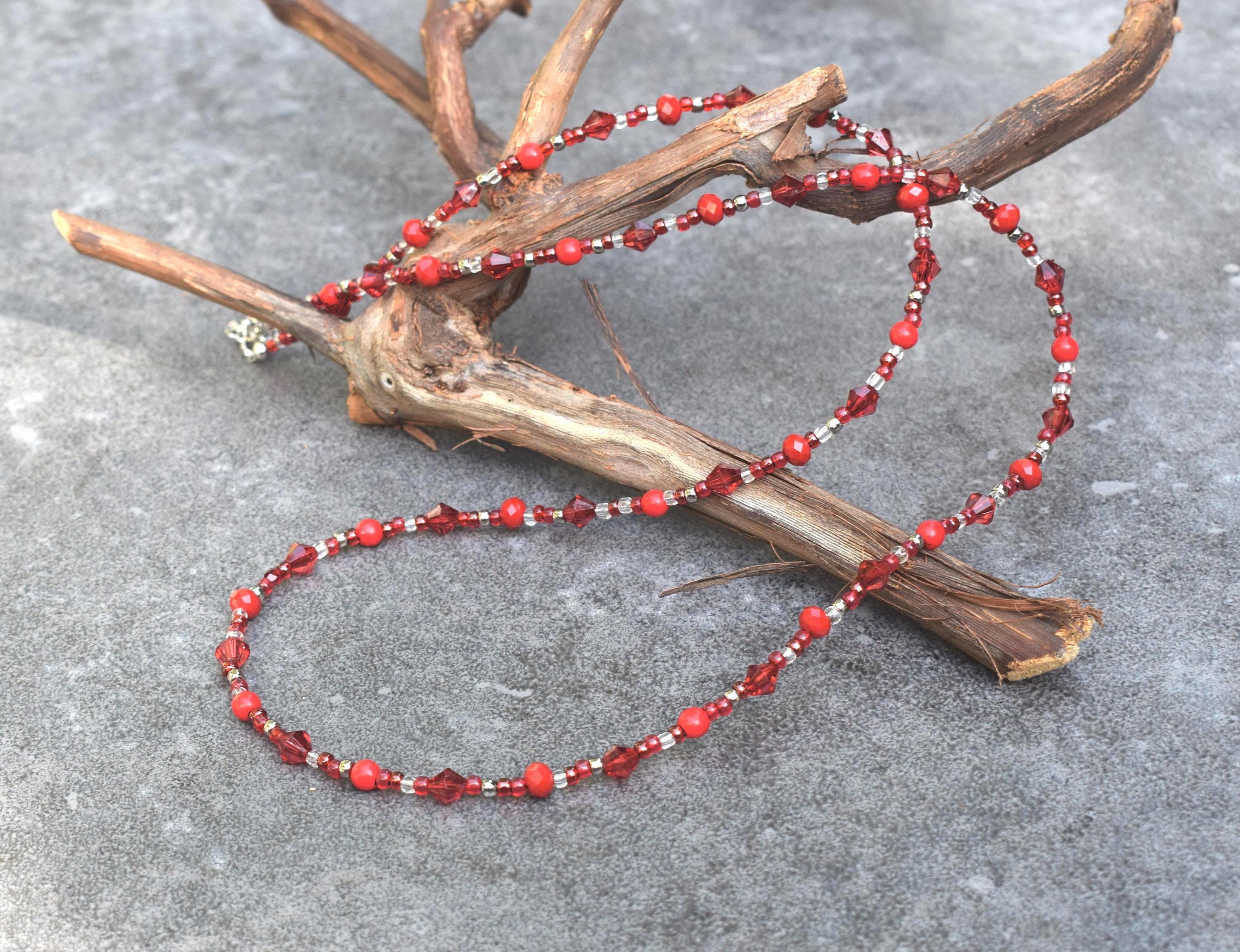 Glass Necklace with Small Red Czech Glass Beads and Silver Accents, Boho Chic Jewelry, 74 cm