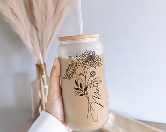 Personalized Birth Flower Glass Cup with Lid and Straw | Glass Soda Can | Glass Coffee Cup | Iced Coffee Cup | Bridesmaid Proposal Gifts