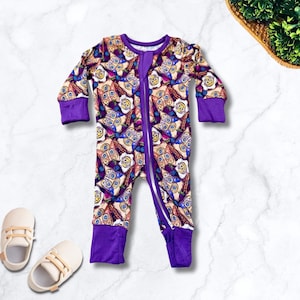 Bamboo Romper Fabric Two Way Zip Sleeper Fold Over Hand & Foot Cuffs Heeler Brekky Aussie Toast