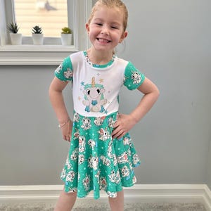 Unicorn Heeler Toy Short Sleeve Kids Girls Twirl Dress, Circle Skirt