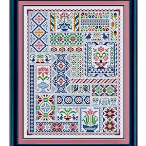 Puede incluir: Un sampler de punto de cruz enmarcado con una variedad de patrones geométricos y florales coloridos. El sampler está enmarcado en un marco azul oscuro con un passe-partout rosa.