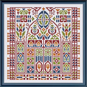 May include: A colorful geometric pattern with a repeating design of arches, squares, and flowers. The pattern is in shades of red, orange, yellow, green, blue, and white.