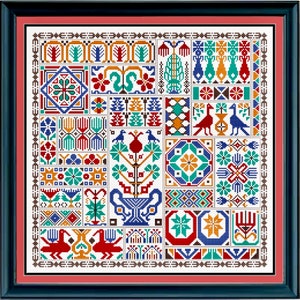 May include: A colourful cross-stitch sampler featuring a variety of geometric and floral designs. The sampler has a white background with red, blue, green, yellow and orange accents.