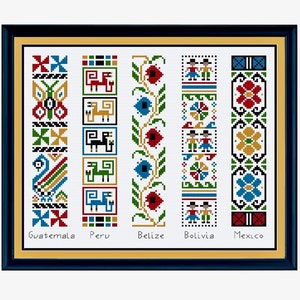 May include: Five colorful embroidered panels depicting traditional folk art designs from Guatemala, Peru, Belize, Bolivia, and Mexico. Each panel features a unique pattern and color scheme, showcasing the rich cultural heritage of these countries.