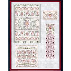Peut inclure: Un motif de broderie au point de croix encadré avec un motif répété de grenades et de nœuds celtiques dans des tons de vert, rouge et or.