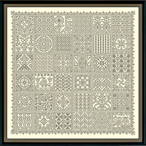 May include: A black and white image of a framed piece of art featuring a grid of 49 different geometric patterns. The patterns are made up of lines and squares.