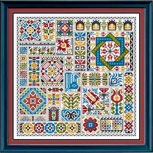 May include: A colourful cross-stitch sampler featuring a range of geometric and floral designs. The sampler is framed in a dark blue frame with a red mount.