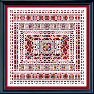 May include: A white cross-stitch embroidery pattern with a red, pink, and blue geometric design. The pattern is framed in a black frame.