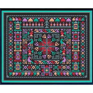 May include: A colorful cross-stitch pattern with a black background. The pattern features geometric shapes, birds, and other designs.