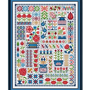 May include: A cross-stitch sampler with a variety of floral and geometric designs in red, blue, green, and yellow on a white background. The sampler is framed in a blue and black frame.