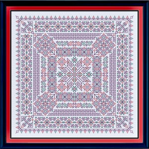 Può includere: Un motivo a punto croce bianco con un design geometrico in tonalità di rosso, blu e verde. Il motivo è incorniciato in una cornice rossa e nera.