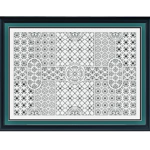 Puede incluir: Diseño de bordado geométrico en blanco y negro en un marco negro. El diseño está formado por varios patrones repetidos, incluyendo círculos, cuadrados y estrellas.