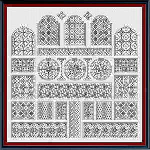 Può includere: Un'immagine in bianco e nero di una collezione di motivi geometrici, tra cui archi, cerchi e quadrati. I motivi sono disposti in una griglia e ricordano l'arte islamica.