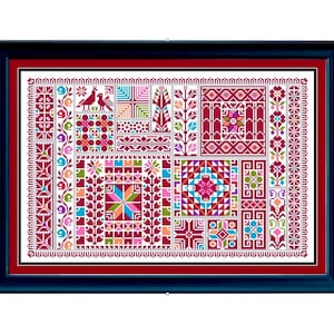 May include: A framed cross-stitch sampler with a variety of colorful geometric patterns and floral motifs. The sampler is set against a white background and framed in a dark blue frame.