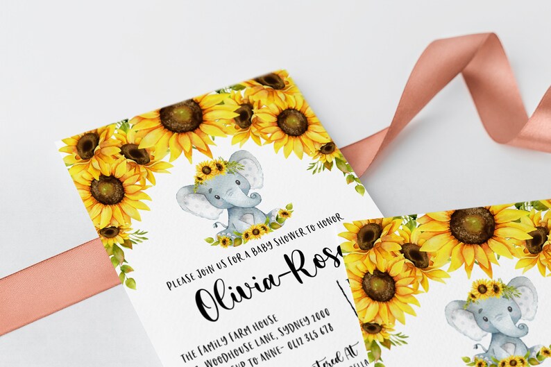 Editable Sunflower Elephant Baby Shower Invitation Set Etsy
