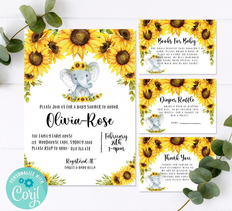 Editable Sunflower Elephant Baby Shower Invitation Set Etsy