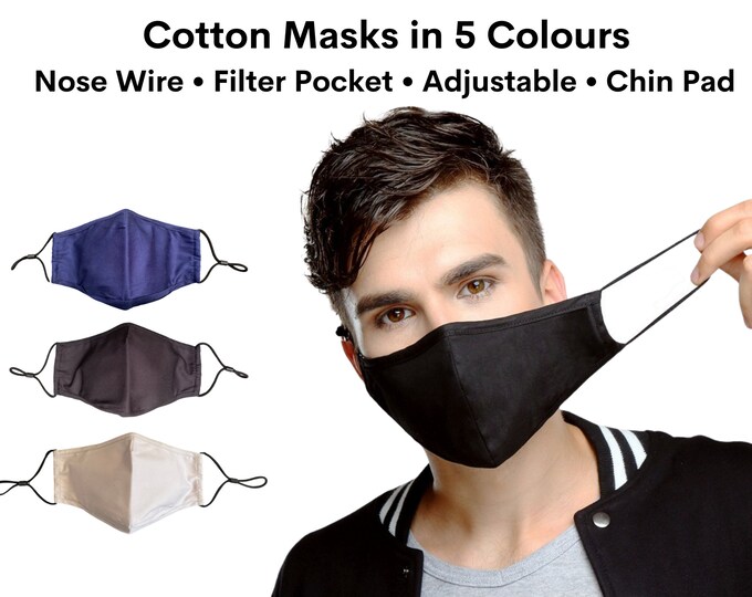 Black/grey/navy Cotton Face Mask Filter Pocket Nose Wire Three Etsy UK
