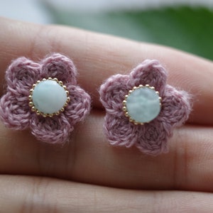 Pink Crochet Flower Earrings with Natural Jade Stone Center, Sterling Silver Posts, Perfect Gift for Her, Unique and Handmade Jewellery