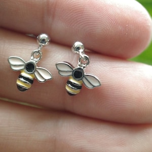 Sterling Silver Bee Earrings, Enamel Decorated, Hypoallergenic, Perfect Gift for Nature Lovers, Unique Hanging Stud Design