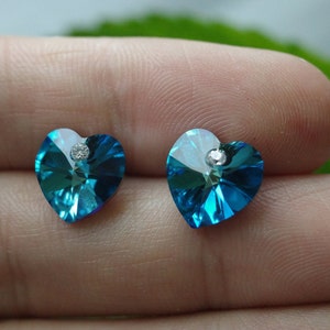 Sterling Silver Ocean Blue Heart-Shaped Swarovski Crystal Earrings with Cubic Zirconia Accent, Sparkle, Hypoallergenic, Perfect Gift for Her
