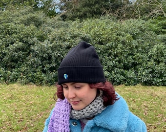 Little Earth Embroidered Organic Cotton Beanie, Ribbed Knit Winter Hat