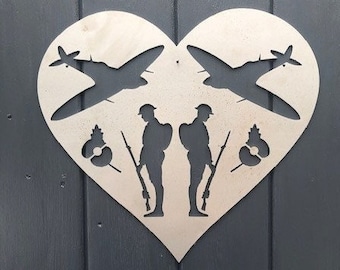 Lest We Forget, Metal Heart with Tommy Soldiers, Poppies  and Spitfires , Veteran Gift , Wall Art , Garden Art, Remembrance Gift