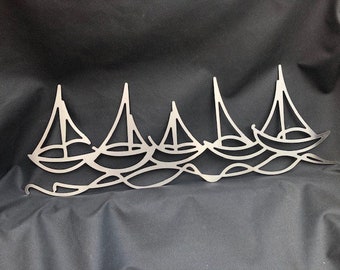 Ships on a Wave, Sailing Ships, Brushed Stainless Steel, Wall Art, Garden Art, Metal Art.