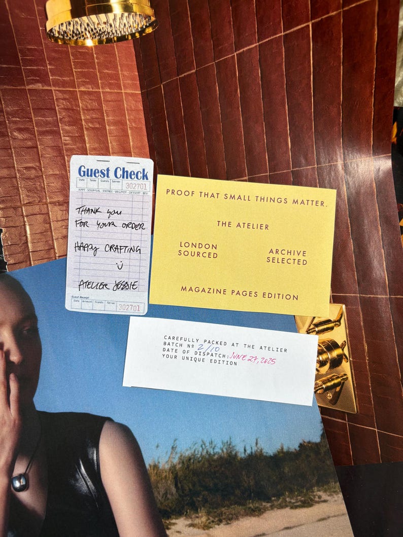 May include: A collection of ephemera, including a guest check with handwritten text, a yellow card with text, and a white card with text. The guest check reads "Thank you for your order" and "Happy Crafting". The yellow card says "Proof that small things matter."