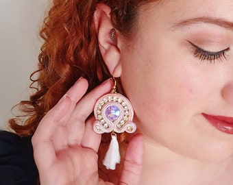 Pink dangle earrings with tassels, pink soutache earrings, crystal and tassel earrings, wedding soutache earrings, handmade jewelry, gift