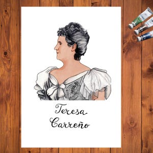 May include: Watercolor portrait of Teresa Carreño, a woman in a white dress with a bow, and a ruffled collar. The text "Teresa Carreño" is written below the portrait in cursive. Paint tubes are in the upper right corner.